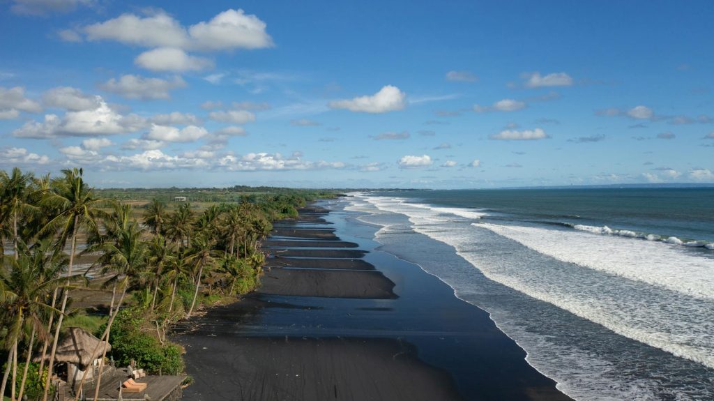 A stunning aerial view of black sand beach and palm trees in Indonesia under a vibrant sky.